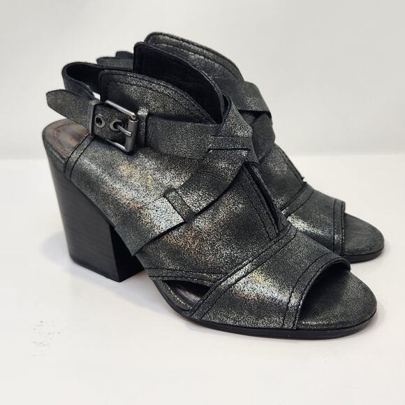 LUCCA LANE Shoes - Lucca Lane Women Analise Metallic Silver Leather Block Heel Sandal Size 7M Ankle